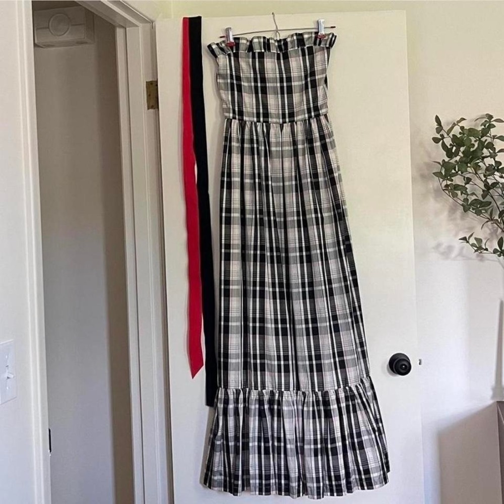 Handmade Plaid Strapless Maxi Dress with Black and Red Tie Up Belts🖤